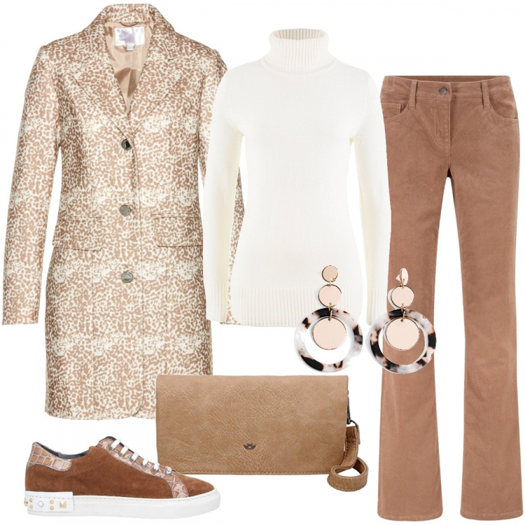 Outfit donna - Tonalità calde avorio e caramello. Stile Basic per Tutti i giorni. Abbinamento con pantaloni, maglieria, cappotti, orecchini, sneakers, pochette.