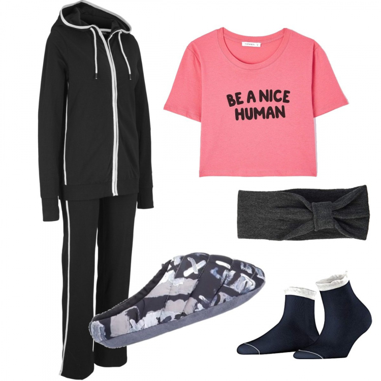 Outfit donna - Be a nice human!. Stile Basic per Tutti i giorni. Abbinamento con tute sportive, t-shirt, pantofole, calzini, fasce per capelli.