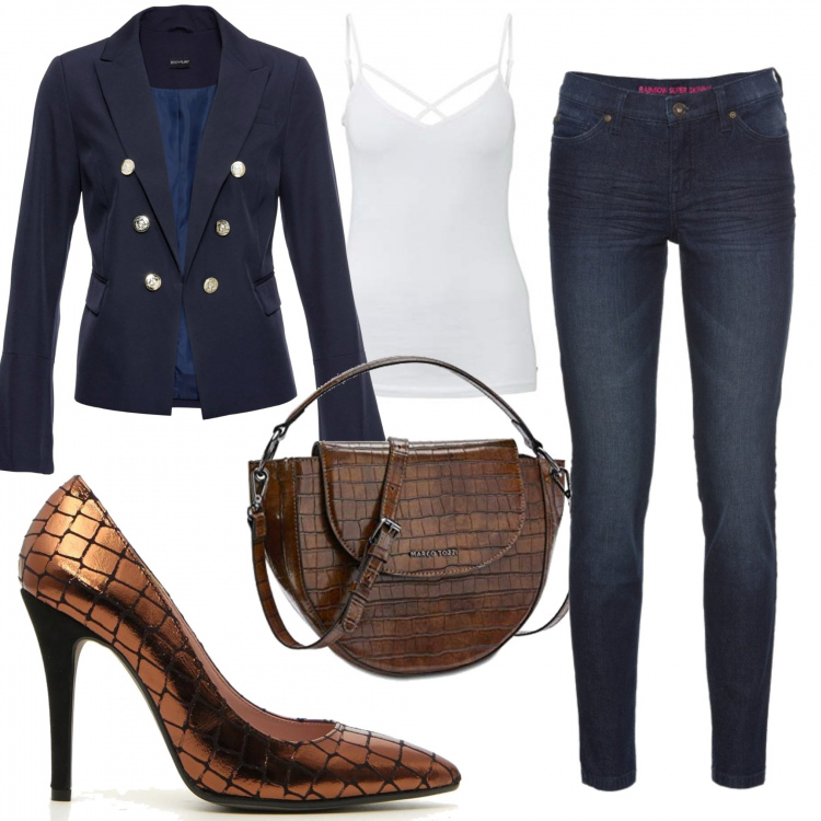 Outfit donna - Jeans skinny con decolte. Stile Urban per Tutti i giorni. Abbinamento con jeans skinny, blazer, borse a mano, décolleté, canottiere.