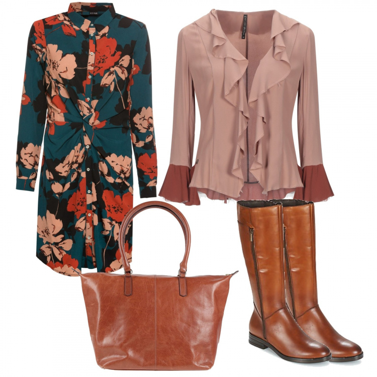 Outfit donna - Abitino a fiori. Stile Trendy per Tutti i giorni. Abbinamento con blazer, borse a mano, vestiti, stivali.