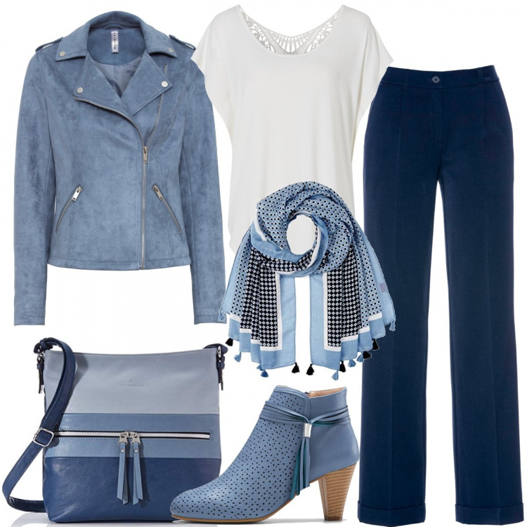 Outfit donna - Sfumature color cielo - curvy style. Stile Basic per Tutti i giorni. Abbinamento con pantaloni, blazer, stivaletti, maglieria, sciarpe, borse a tracolla.