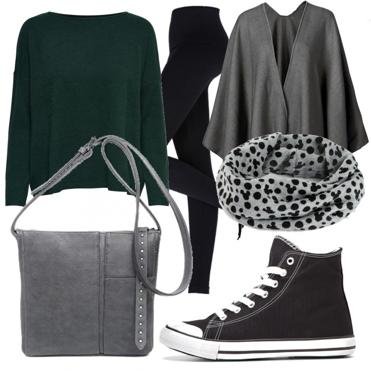 Outfit donna - Al parco. Stile Basic per Tutti i giorni. Abbinamento con leggings, sneakers alte, cappotti, foulard, maglioni, borse a tracolla.