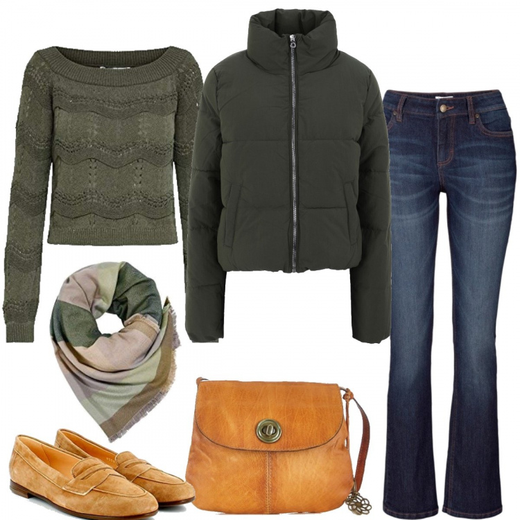 Outfit donna - Lo stile comodo e semplice. Stile Basic per Tutti i giorni. Abbinamento con jeans bootcut, piumini, pullovers, borse a tracolla, mocassini, sciarpe.