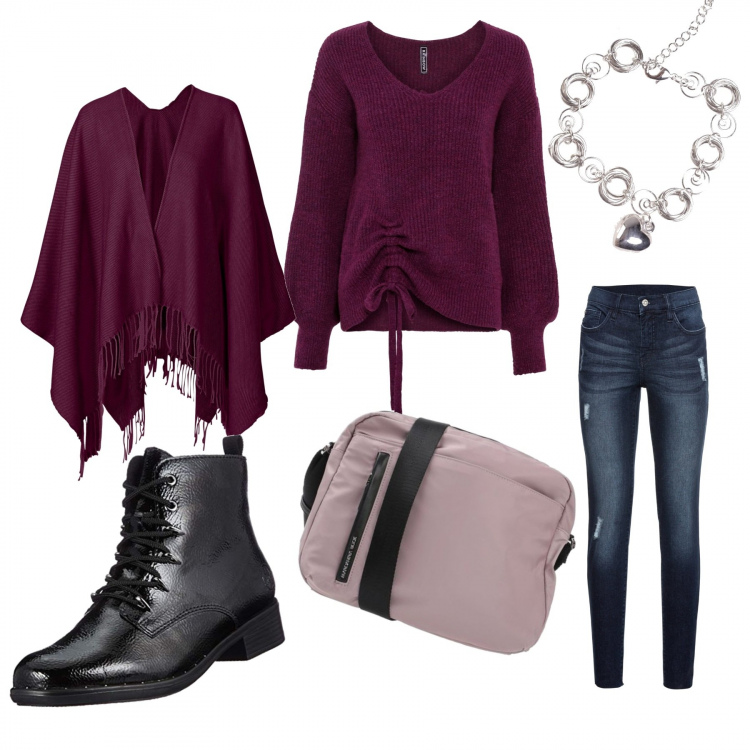 Outfit donna - Pronta per le lezioni. Stile Trendy per Scuola/Università. Abbinamento con jeans strappati, maglioni, cappotti, borse a tracolla, braccialetti, stivaletti.