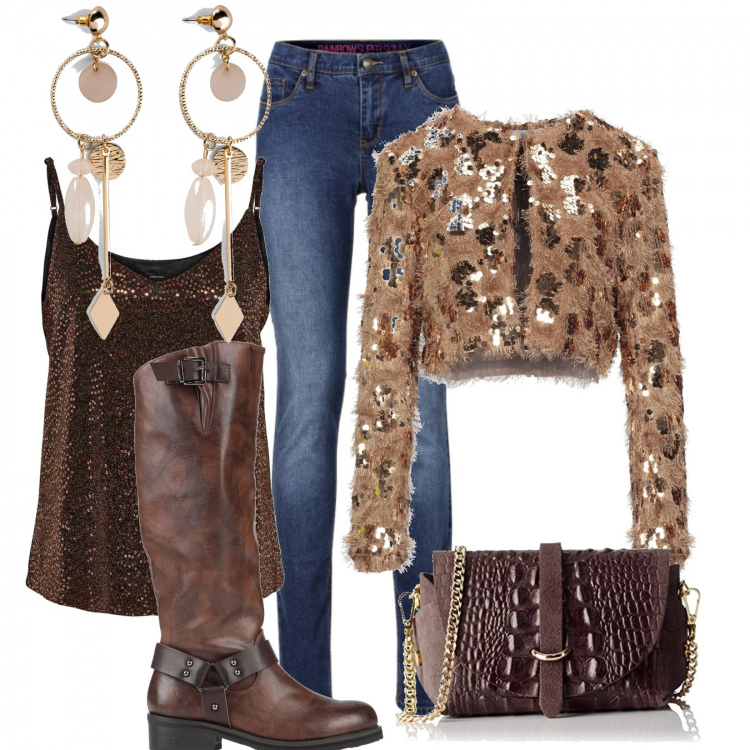 Outfit donna - Bolerino luccicoso. Stile Trendy per Tutti i giorni. Abbinamento con jeans skinny, orecchini, blazer, stivali, camicie, pochette.