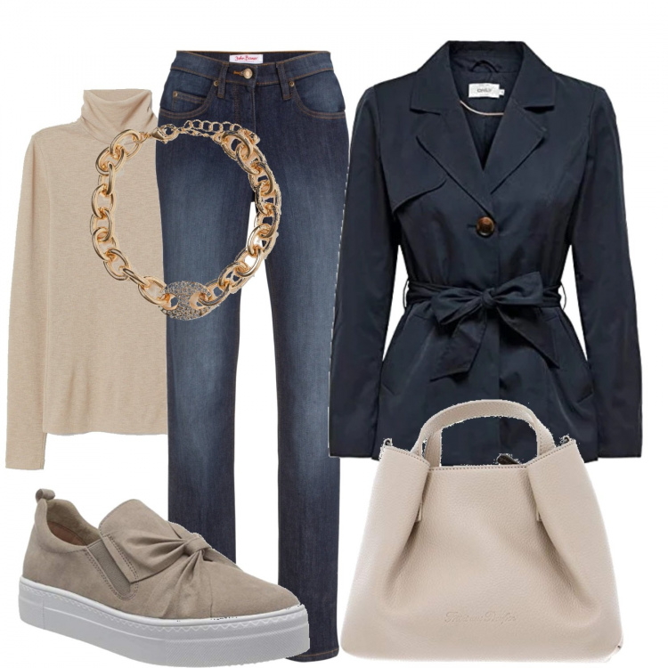Outfit donna - Sneakers con i fiocchi. Stile Basic per Tutti i giorni. Abbinamento con jeans dritti, mocassini, trench, borse a tracolla, maglioni, braccialetti.