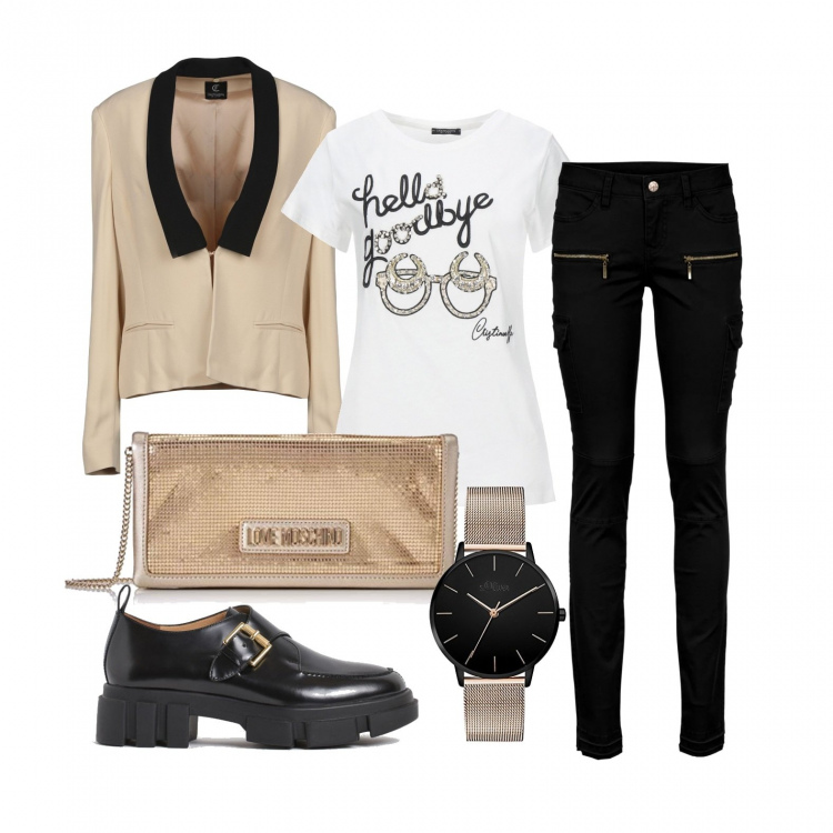Outfit donna - Eccomi qui!. Stile Trendy per Tutti i giorni. Abbinamento con pantaloni cargo, blazer, t-shirt, pochette, orologi analogici, scarpe col tacco.