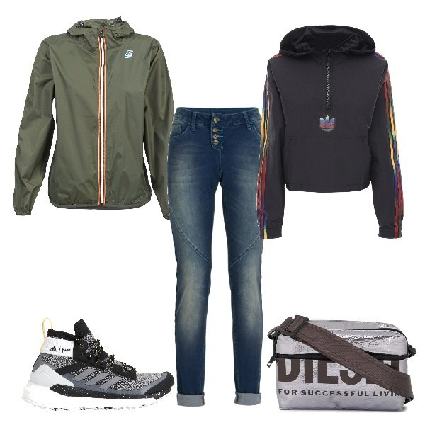 Outfit donna - Basic #3739. Stile Basic per Tutti i giorni. Abbinamento con jeans boyfriend, sneakers alte, giacche, borse a tracolla, felpe con cappuccio.