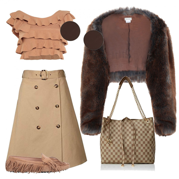 Outfit donna - Beige style. Stile Trendy per Tutti i giorni. Abbinamento con mocassini, t-shirt, cappotti, orecchini, borse a spalla, gonne.