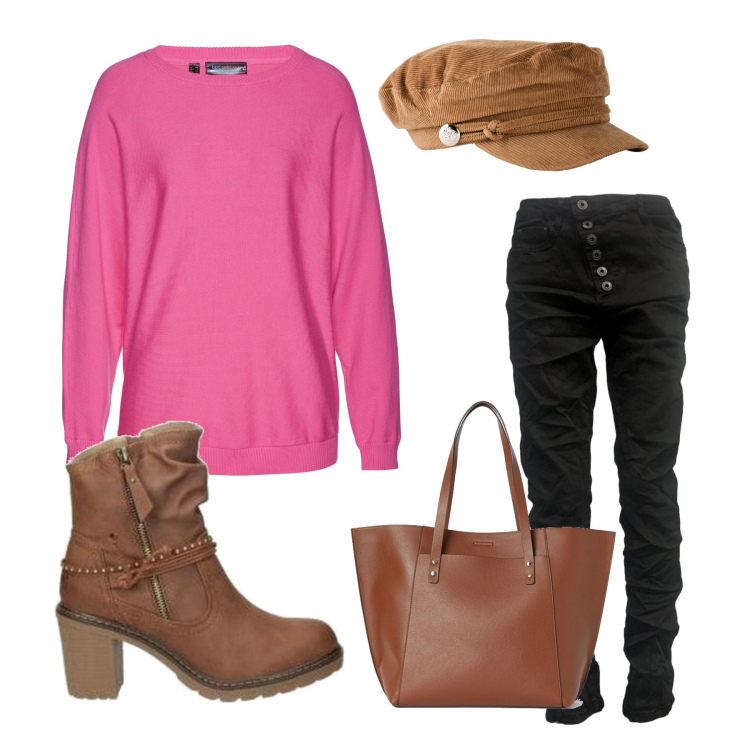 Outfit donna - Con le maniche pipistrello. Stile Trendy per Tutti i giorni. Abbinamento con maglieria, cappelli con visiera, jeans, stivaletti, shopping bag.