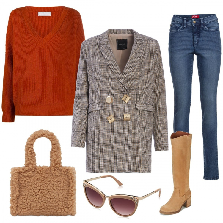 Outfit donna - Trendy #7457. Stile Trendy per Tutti i giorni. Abbinamento con jeans slim fit, blazer, stivali, maglioni, occhiali da sole, shopping bag.