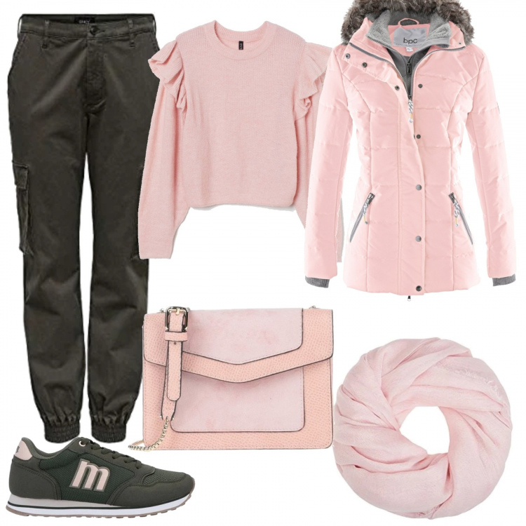 Outfit donna - Comoda & rosa. Stile Urban per Tutti i giorni. Abbinamento con piumini, sneakers, borse a tracolla, pantaloni cargo, pullovers, sciarpe.