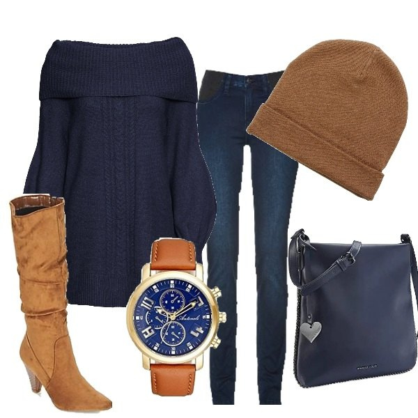 Outfit donna - Passione cronografo. Stile Trendy per Tutti i giorni. Abbinamento con jeans, maglioni, stivali, berretti, borse a tracolla, orologi analogici.
