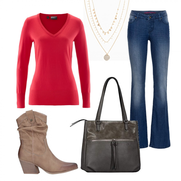 Outfit donna - Domenica di gennaio. Stile Trendy per Tutti i giorni. Abbinamento con jeans bootcut, maglieria, collane, stivaletti, borse tote.