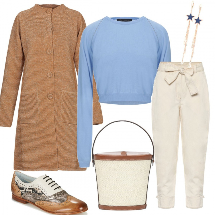 Outfit donna - Se fosse primavera. Stile Basic per Ufficio. Abbinamento con pullovers, cappotti, orecchini, ballerine, pantaloni, borse a secchiello.