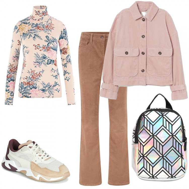 Outfit donna - Dolcevita. Stile Trendy per Scuola/Università. Abbinamento con pantaloni, sneakers, maglieria, zaini, blazer.