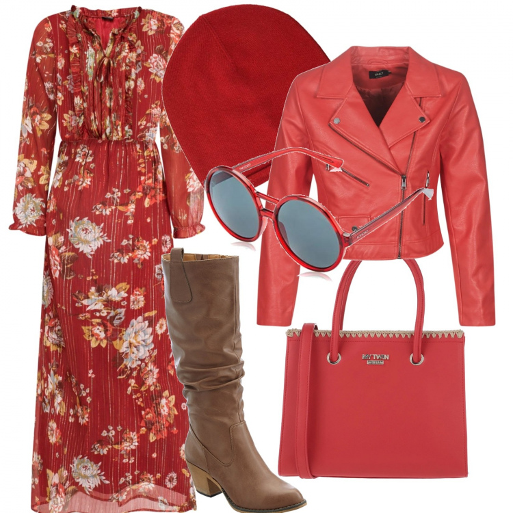 Outfit donna - In rosso stile boho. Stile Etnico per Tutti i giorni. Abbinamento con stivali, vestiti lunghi, borse a mano, blazer, berretti, occhiali da sole.
