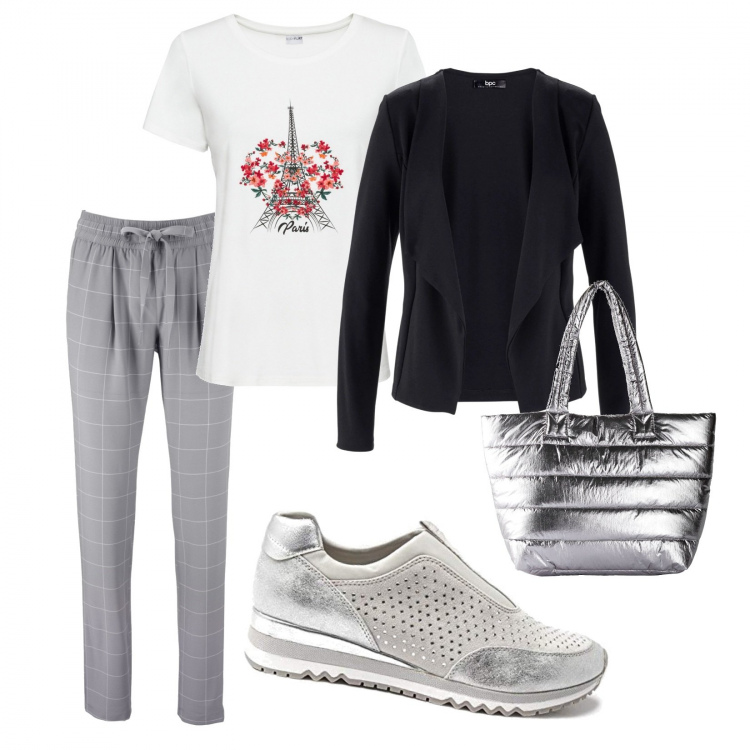 Outfit donna - Office time. Stile Basic per Ufficio. Abbinamento con blazer, pantaloni, pullovers, borse a mano, mocassini.