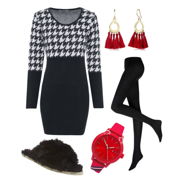 Outfit donna - Bella anche in casa - chic homewear. Stile Chic per Tutti i giorni. Abbinamento con collant, vestiti, pantofole, orologi, orecchini.