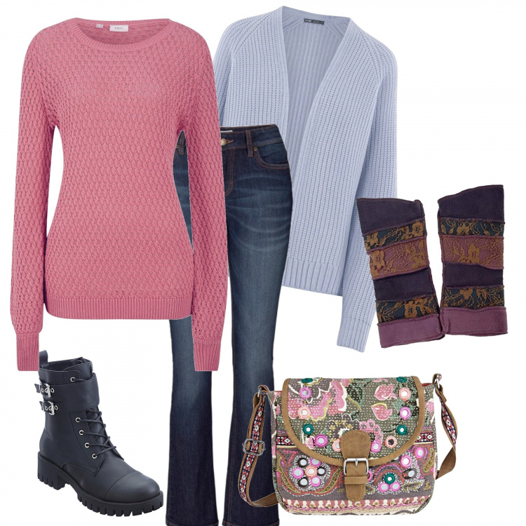 Outfit donna - Avvolta dai colori. Stile Basic per Tutti i giorni. Abbinamento con jeans bootcut, maglioni, stivaletti, bermuda, cardigans, blazer.