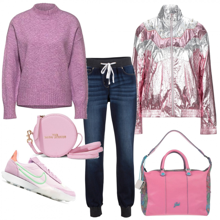 Outfit donna - Camminata a passo spedito. Stile Urban per Tutti i giorni. Abbinamento con jeans boyfriend, giacche, borse a mano, sneakers, portafogli, maglioni.