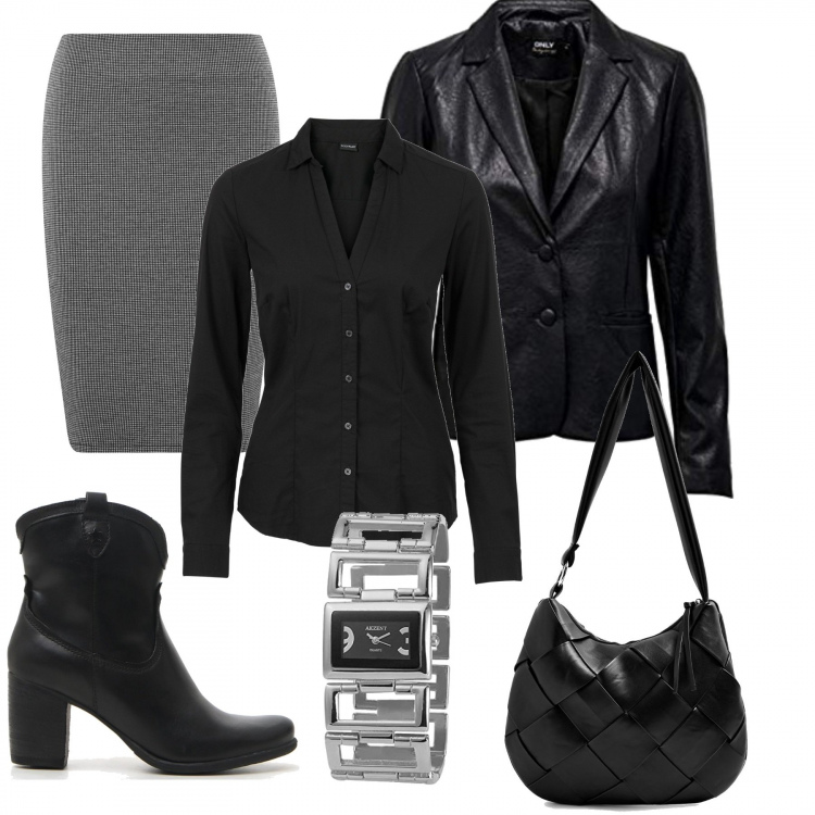 Outfit donna - Quasi tutto nero. Stile Trendy per Serata fuori. Abbinamento con camicie, borse a spalla, blazer, gonne longuette, stivaletti, orologi.
