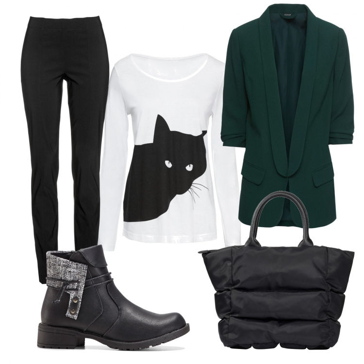 Outfit donna - Cat woman sobria. Stile Trendy per Ufficio. Abbinamento con blazer, pantaloni, pullovers, borse a mano, stivaletti.