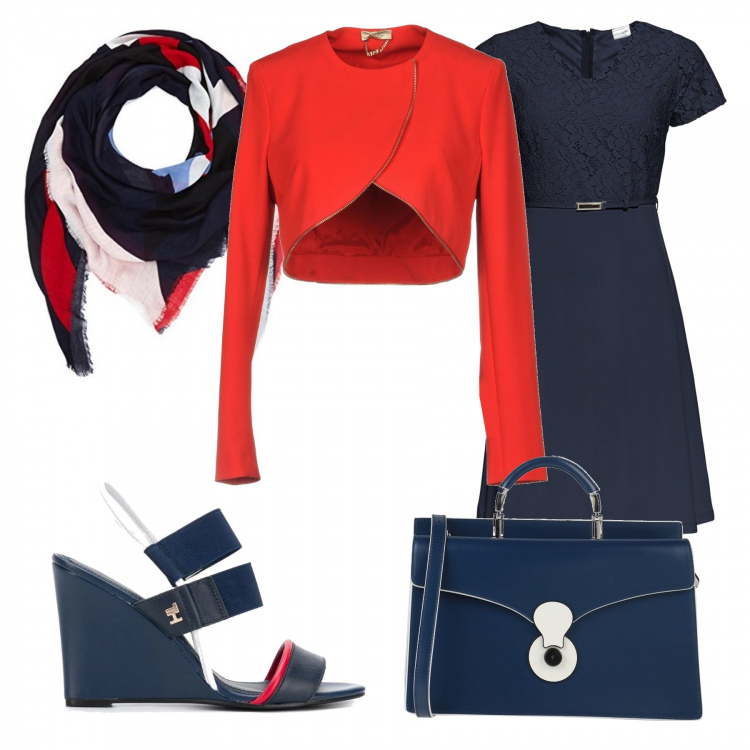 Outfit donna - Aperitivo sulla nave. Stile Chic per Serata fuori. Abbinamento con vestiti corti, blazer, borse a mano, sandali col tacco, sciarpe.