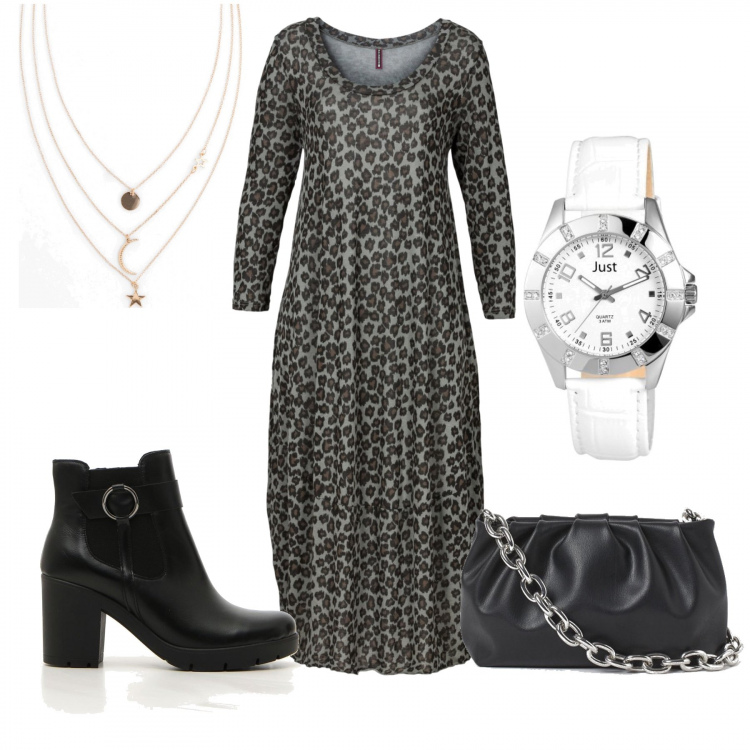 Outfit donna - Pomeriggio di shopping. Stile Trendy per Tutti i giorni. Abbinamento con vestiti midi/longuette, collane, borse a tracolla, stivaletti, orologi.