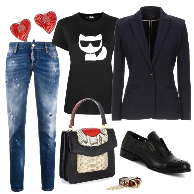 Outfit donna - Sonia cat. Stile Urban per Serata fuori. Abbinamento con borse a mano, francesine, t-shirt, jeans strappati, blazer, orecchini.