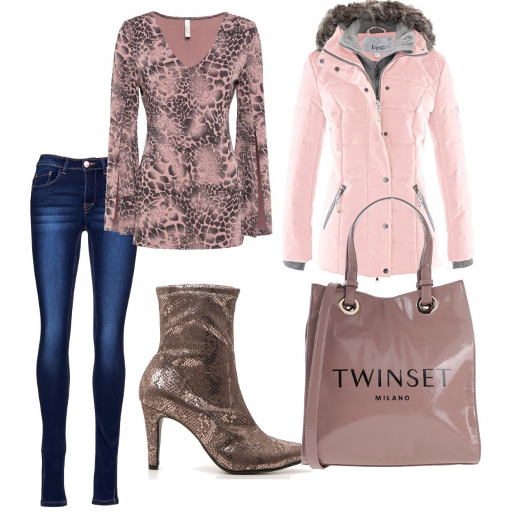 Outfit donna - Basic #3957. Stile Basic per Tutti i giorni. Abbinamento con piumini, pullovers, borse a mano, jeans, stivaletti.