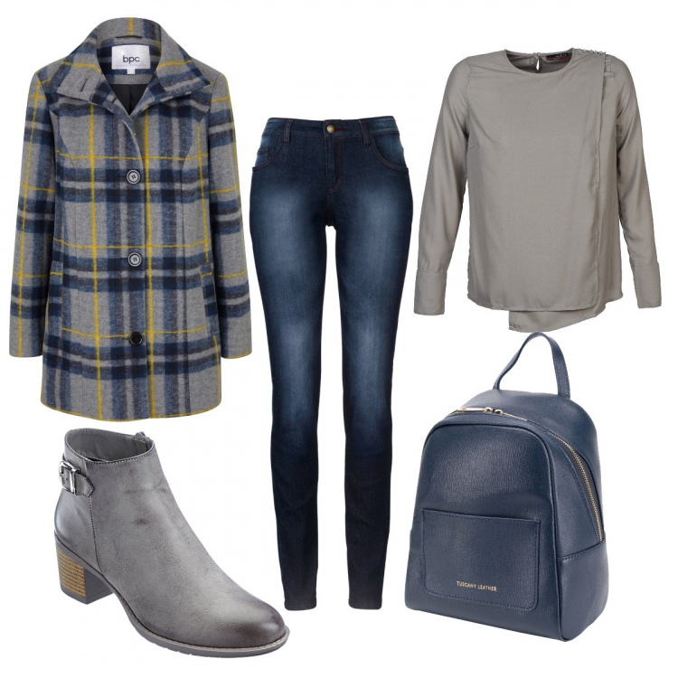 Outfit donna - Comodità in grigio e blu. Stile Basic per Scuola/Università. Abbinamento con jeans skinny, cappotti, stivaletti, zaini, camicie.