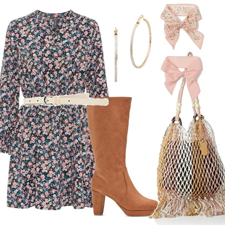 Outfit donna - Abito da giorno+shopping bag. Stile Basic per Tutti i giorni. Abbinamento con vestiti, stivali, orecchini, cinture, shopping bag, fasce per capelli.