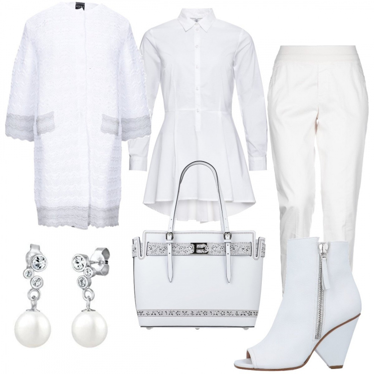 Outfit donna - Amo il bianco. Stile Basic per Tutti i giorni. Abbinamento con camicie, cardigans, pantaloni, borse a mano, stivaletti, orecchini.