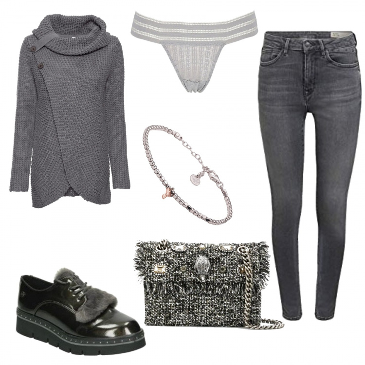 Outfit donna - Tracolla mini in tweed. Stile Basic per Tutti i giorni. Abbinamento con maglieria, braccialetti, scarpe stringate, borse a tracolla, perizomi, jeans.