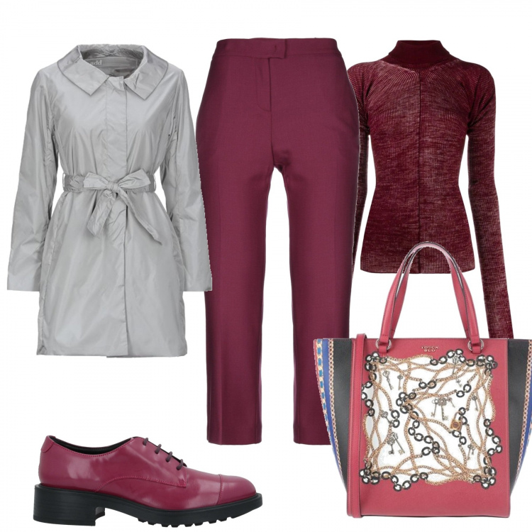 Outfit donna - Borgogna. Stile Trendy per Ufficio. Abbinamento con scarpe stringate, pantaloni capri, cappotti, borse a mano, maglioni.