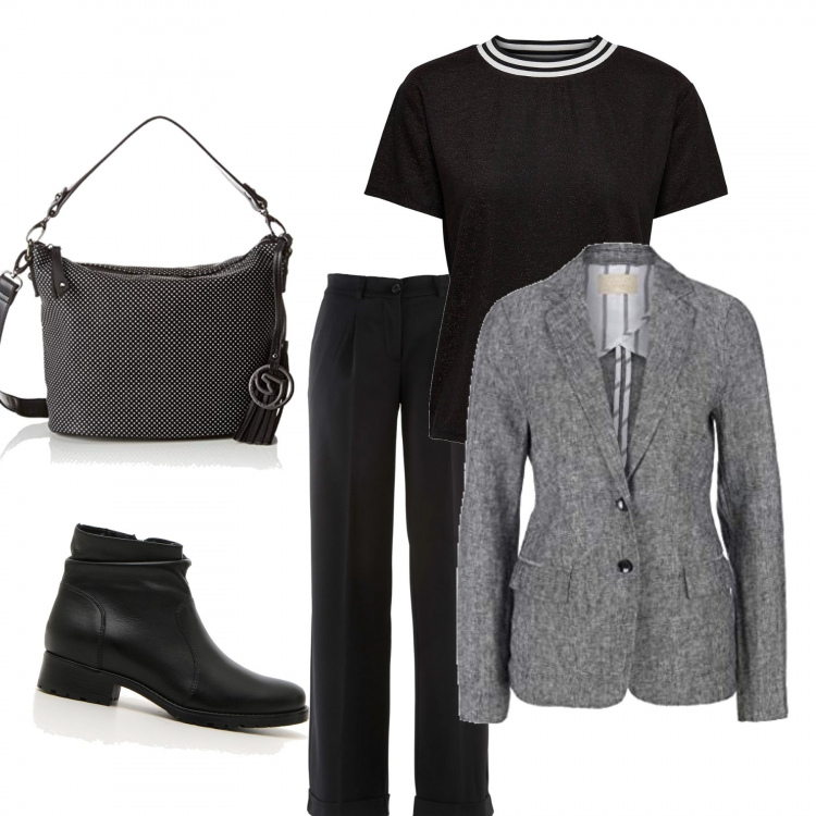 Outfit donna - At present working. Stile Basic per Ufficio. Abbinamento con pantaloni, camicie, blazer, borse a tracolla, stivaletti.