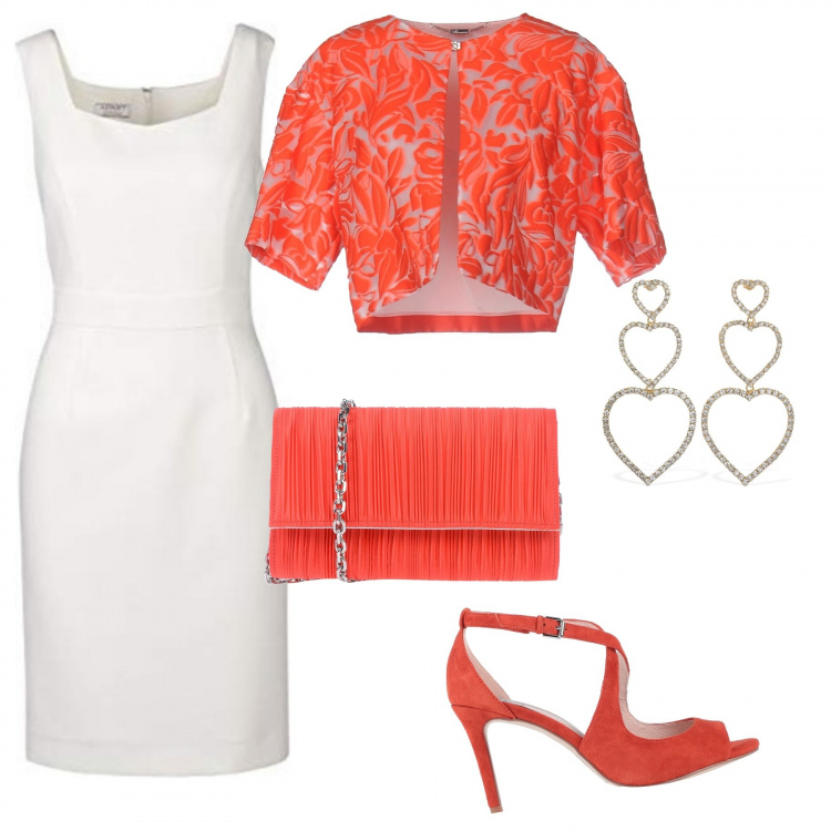 Outfit donna - S.Valentino in rosso e bianco. Stile Chic per Serata fuori. Abbinamento con sandali col tacco, blazer, borse a mano, vestiti, orecchini.