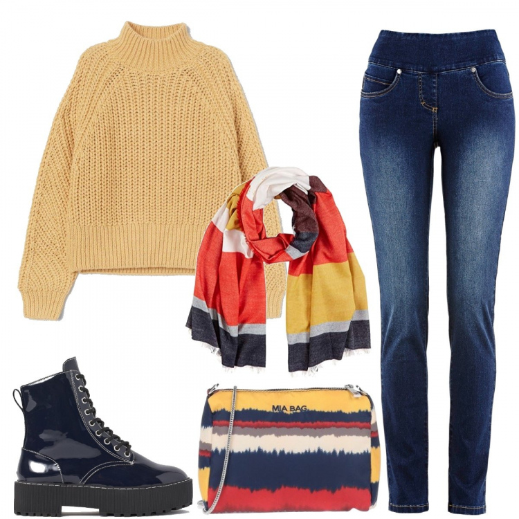 Outfit donna - La borsa abbinata al foulard. Stile Basic per Scuola/Università. Abbinamento con jeans slim fit, borse a mano, pullovers, stivaletti, sciarpe.