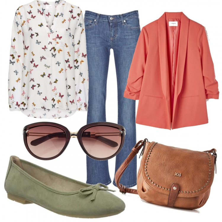Outfit donna - Farfalle. Stile Trendy per Ufficio. Abbinamento con bluse, occhiali da sole, giacche, jeans bootcut, borse messenger, ballerine.