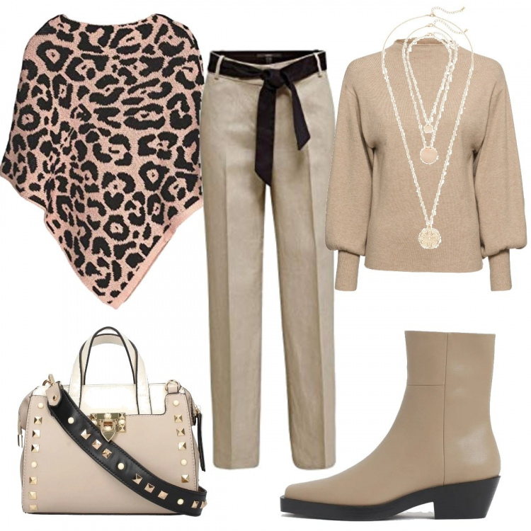 Outfit donna - La mantella leopardata. Stile Trendy per Tutti i giorni. Abbinamento con maglieria, ciondoli, borse a mano, pantaloni, cappotti, stivaletti.