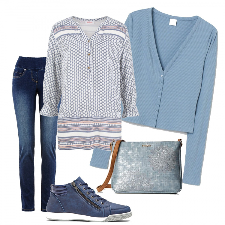 Outfit donna - Total look comodo. Stile Basic per Tutti i giorni. Abbinamento con sneakers alte, jeans, tuniche, cardigans, borse a tracolla.