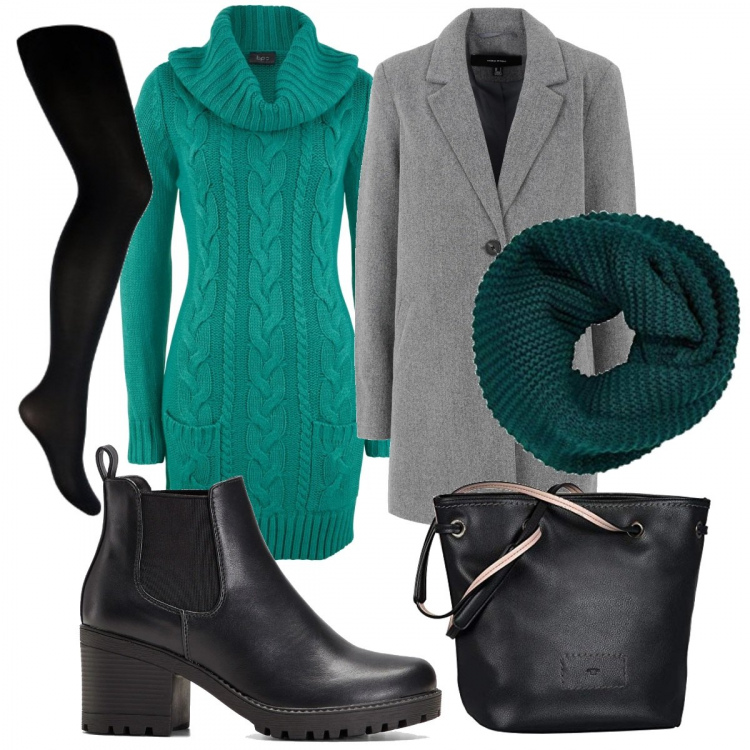 Outfit donna - Comfort a lavoro. Stile Basic per Ufficio. Abbinamento con stivaletti chelsea, vestiti, cappotti, sciarpe, borse a spalla, collant.
