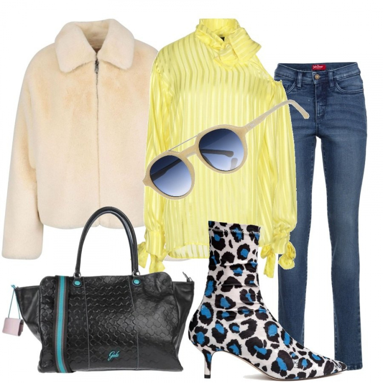 Outfit donna - Mi faccio notare. Stile Trendy per Tutti i giorni. Abbinamento con jeans slim fit, borse a mano, occhiali da sole, bluse, ecopellicce, décolleté.