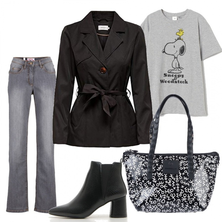 Outfit donna - Cartoons. Stile Trendy per Scuola/Università. Abbinamento con jeans dritti, borse a mano, trench, t-shirt, stivaletti.