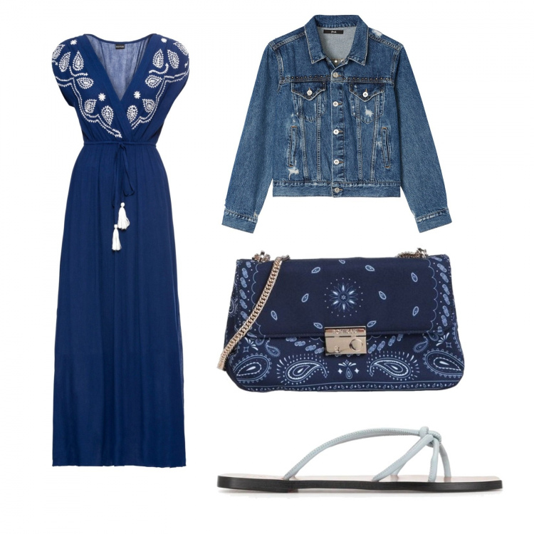 Outfit donna - Sera di mare. Stile Trendy per Mare. Abbinamento con vestiti lunghi, borse a tracolla, sandali in pelle, blazer.