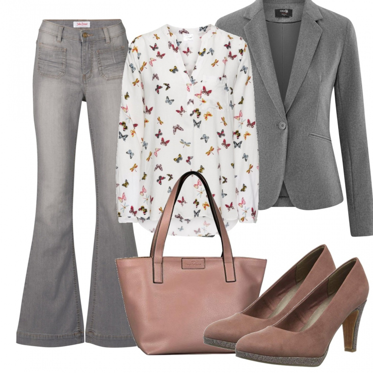 Outfit donna - Butterfly - blusa con farfalle. Stile Bon Ton per Ufficio. Abbinamento con bluse, jeans a zampa, décolleté, blazer, borse tote.