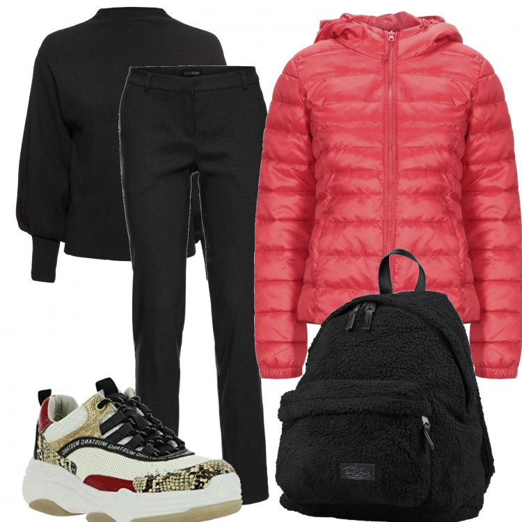 Outfit donna - Piumino e chunky ... E via. Stile Basic per Tutti i giorni. Abbinamento con pantaloni, maglieria, piumini, zaini, sneakers.