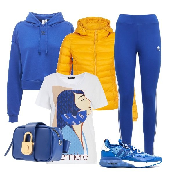Outfit donna - Jogging con stile. Stile Basic per Sport. Abbinamento con zaini, t-shirt, piumini, sneakers, leggings, felpe con cappuccio.