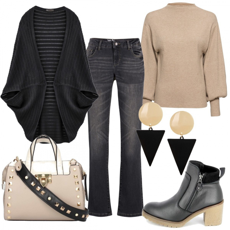 Outfit donna - Curvy & trendy. Stile Trendy per Tutti i giorni. Abbinamento con maglieria, cappotti, jeans, orecchini, borse a mano, stivaletti.